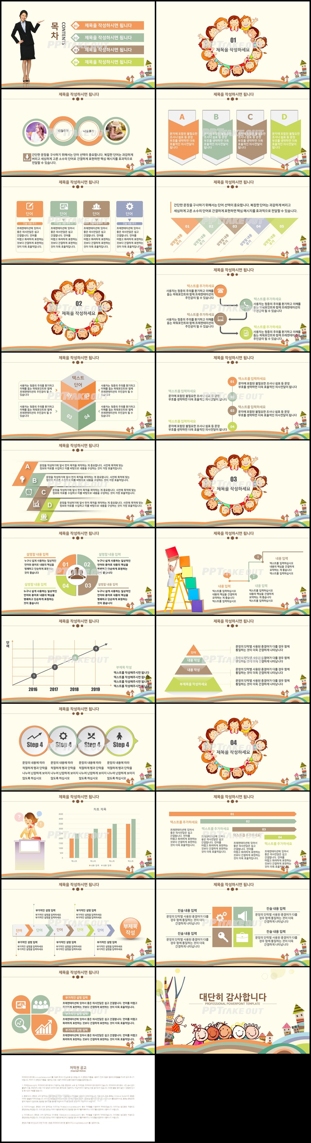 아동교육 오렌지색 캐릭터 발표용 PPT탬플릿 다운 상세보기